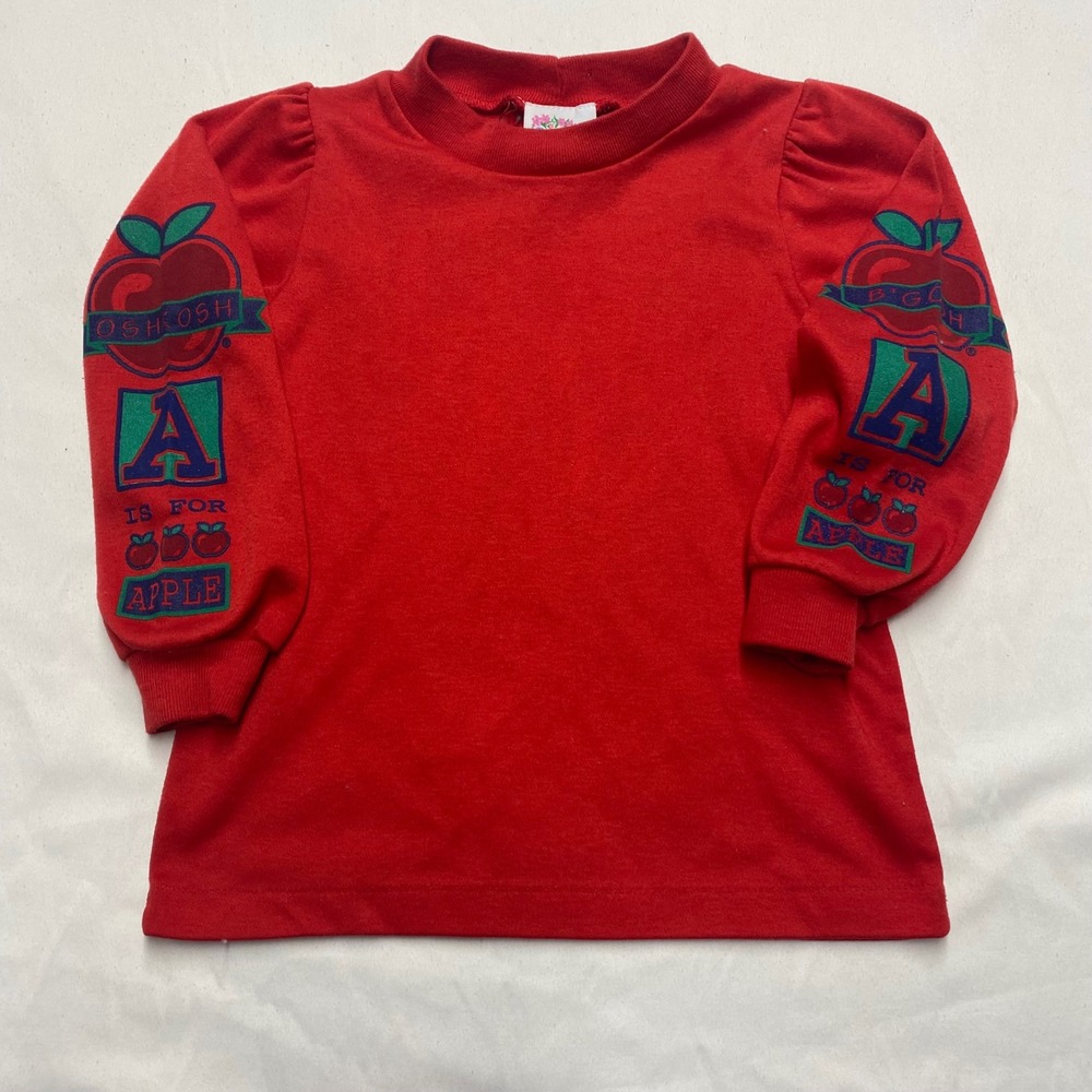 Vintage OshKosh Bgosh Red A is for Apple Sleeve Graphic T-Shirt USA Made Size 4